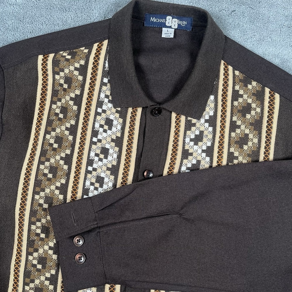 MICHAEL IRVIN 88 Men Vintage Brown Collared Knit Button Cardigan Shirt Sweater